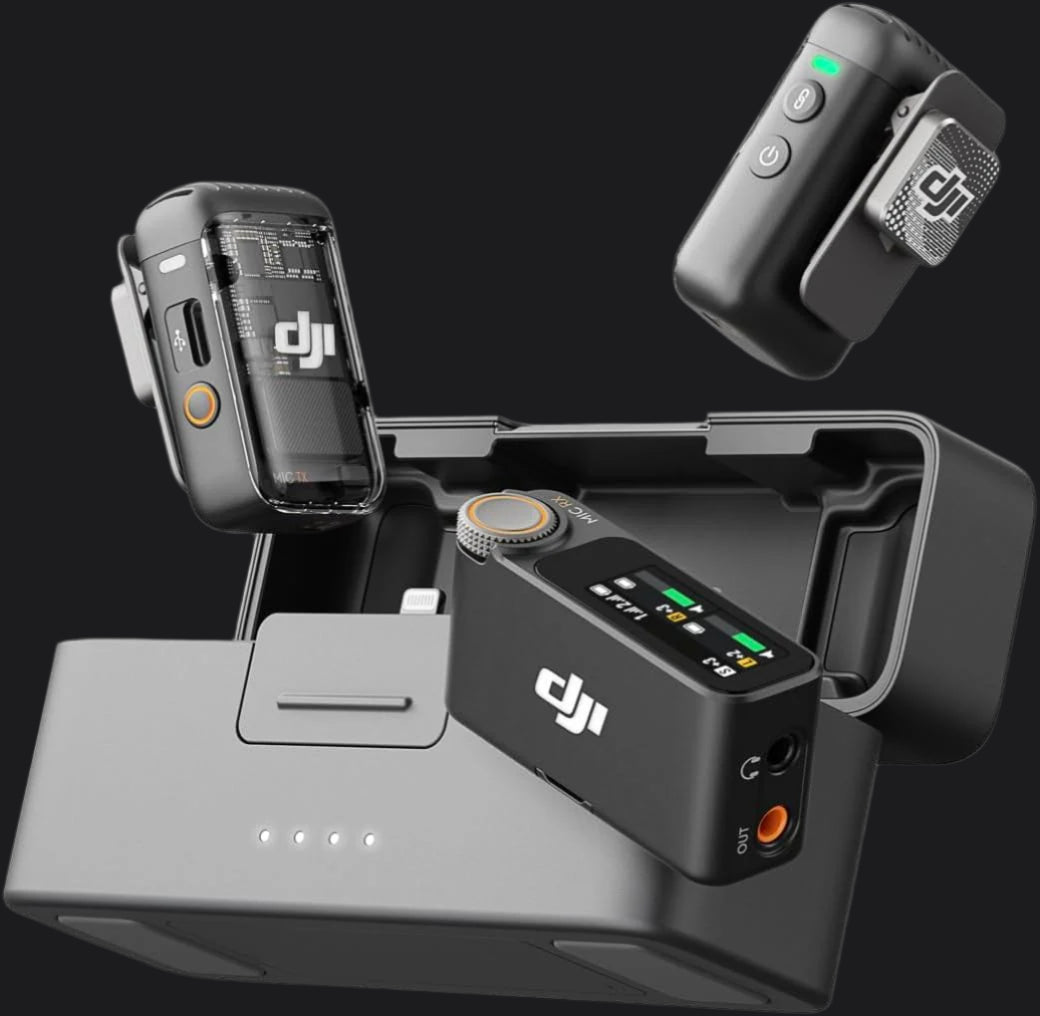 DJI electronic device with charging station and accessories on a black background