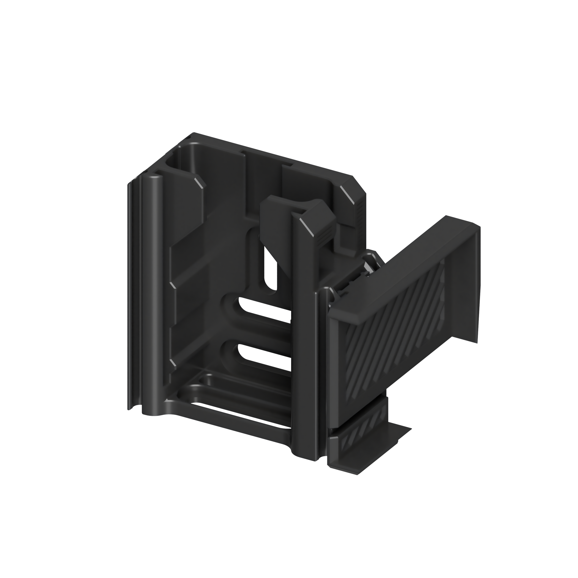 The Camera Console mounted between camera and V-mount battery for mic storage, monitor protection, and cable management.